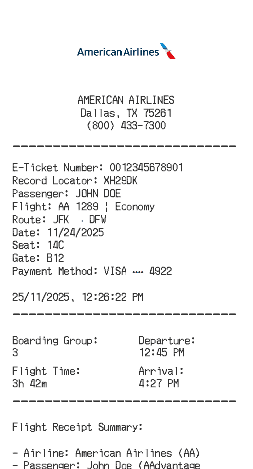 American Airlines Receipt Logo
