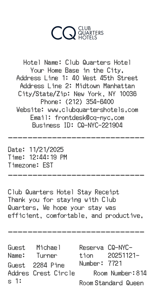 Club Quarters Hotel Receipt Logo