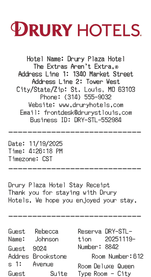 Drury Hotel Receipt Logo