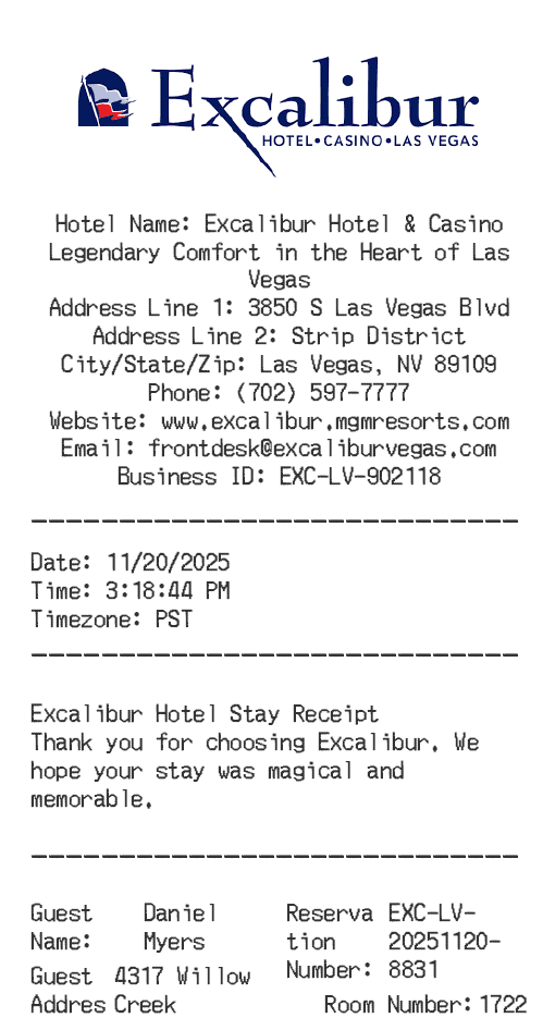 Excalibur Hotel Receipt Logo