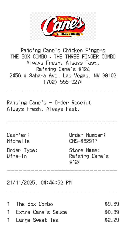 Raising Cane's Receipt Logo