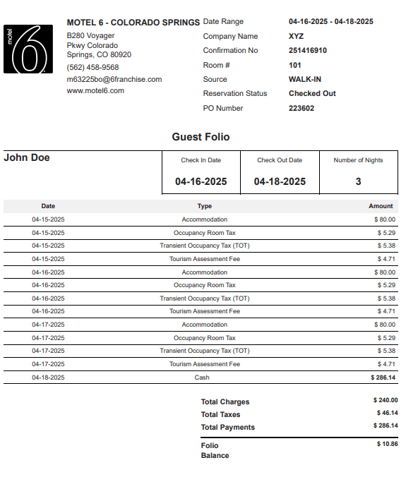 Motel 6 Hotel Receipt Logo
